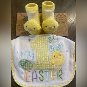 Essentials Yellow Easter Bib with Chick Rattle Socks